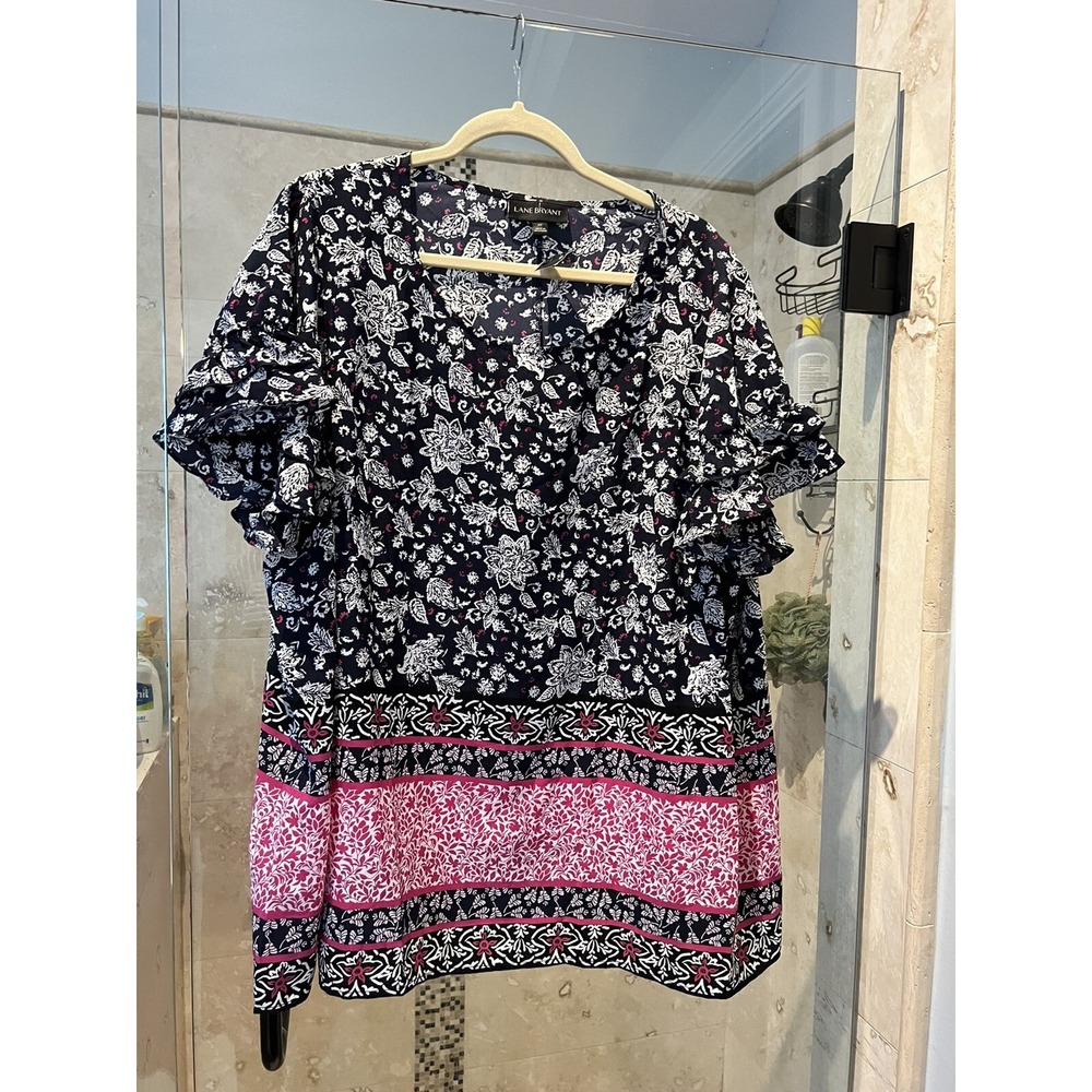 Lane Bryant Ruffle Sleeve Blouse Top Plus 24 Pink Blue Floral NWT New